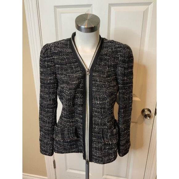Nanette Lepore Black & White Tweed Zip-Up Jacket W/ Zipper Trim, Size 4 - Picture 1 of 5